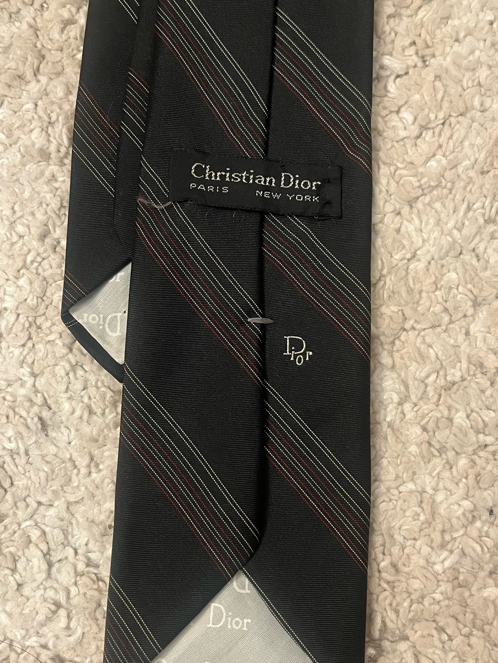 Dior Black Silk Tie with Subtle Red and Silver Diagonal Stripes